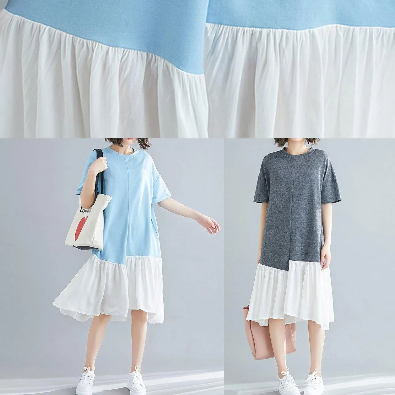 Unique Asymmetric Patchwork Cotton Tunic Shirts Gray Short Sleeve Traveling Dresses Summer