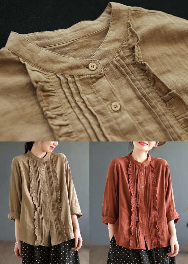 Khaki Ruffled Color Cotton Shirt Tops Spring