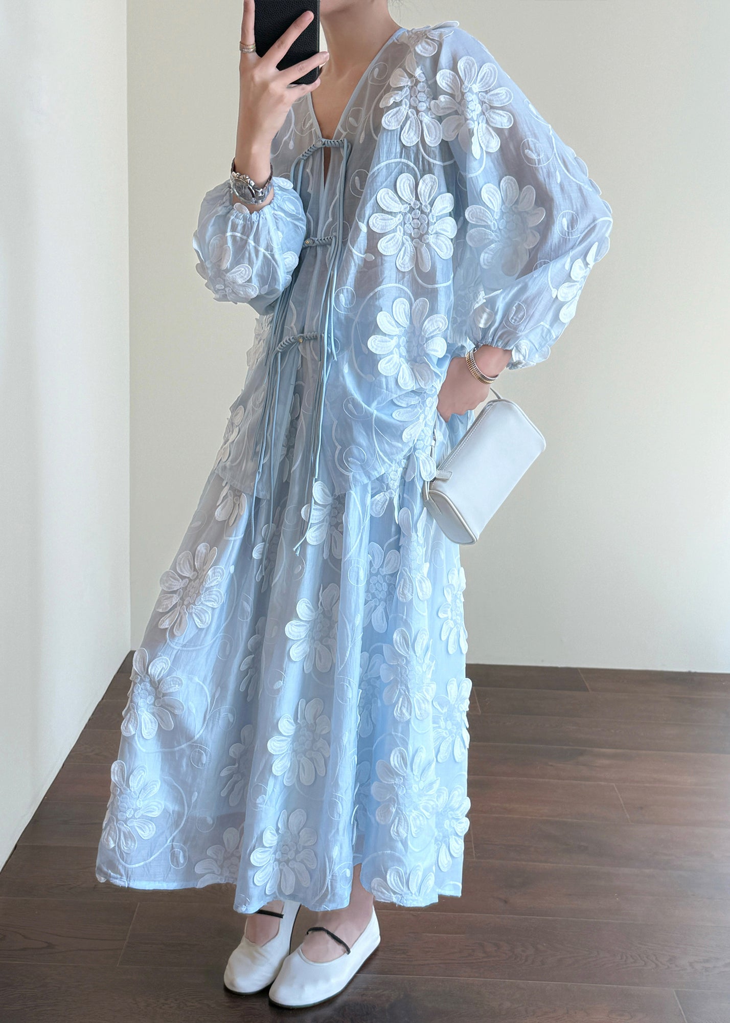 Blue Chinese Button Shirts and Skirts Silk Two-piece Set Fall