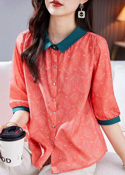Red Peter Pan Collar Print Patchwork Linen Shirts Top Summer