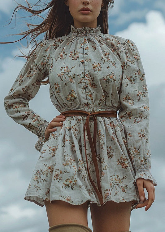 Ruffled Print Pastoral Style Cotton Mini Dress Spring