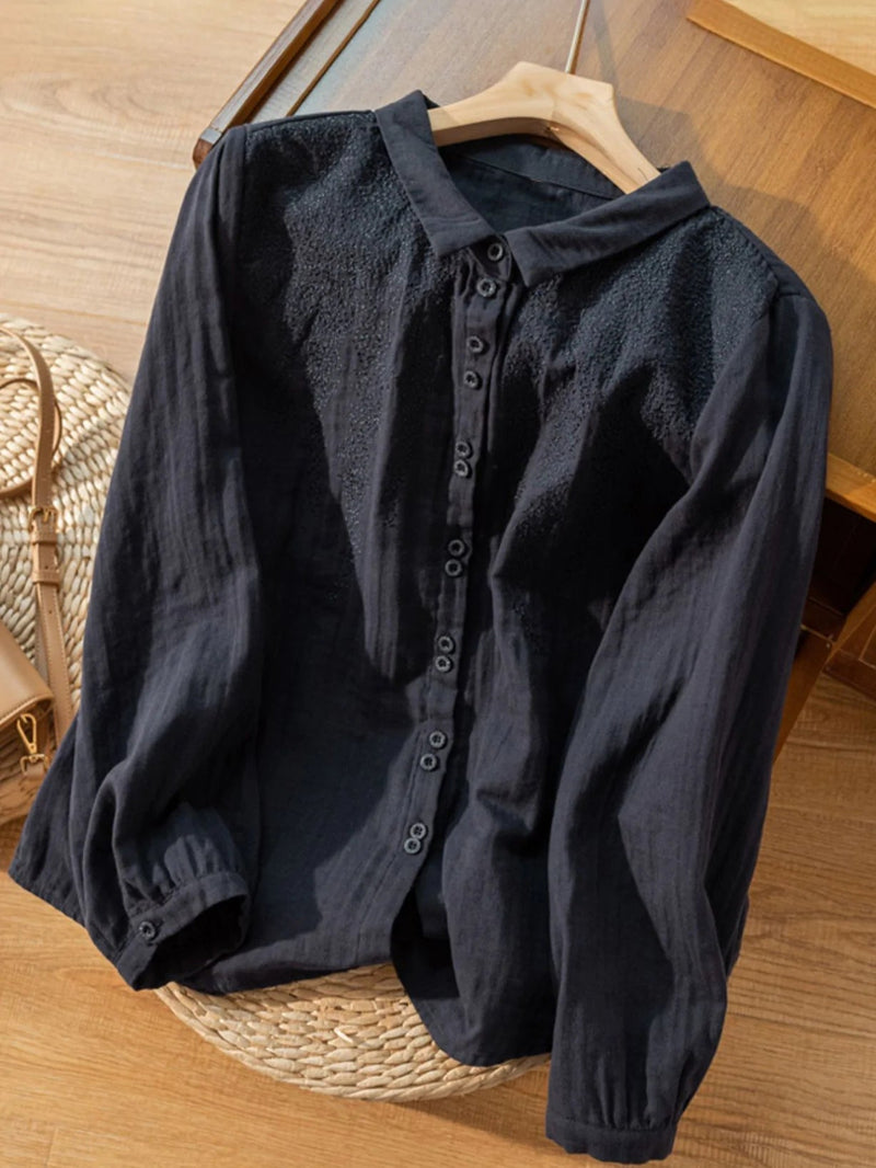 Embroidered Long Sleeve Linen Shirt Top