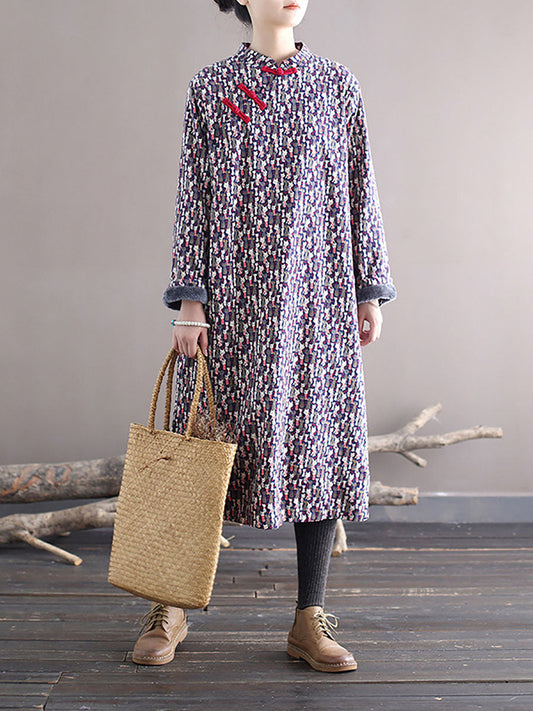 Winter Chinese Print Frog Thick Long Dress