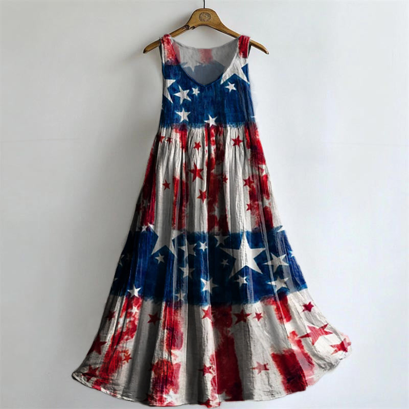 Women's Star Flag Color Matching Pattern Art Print Round Neck Sleevele