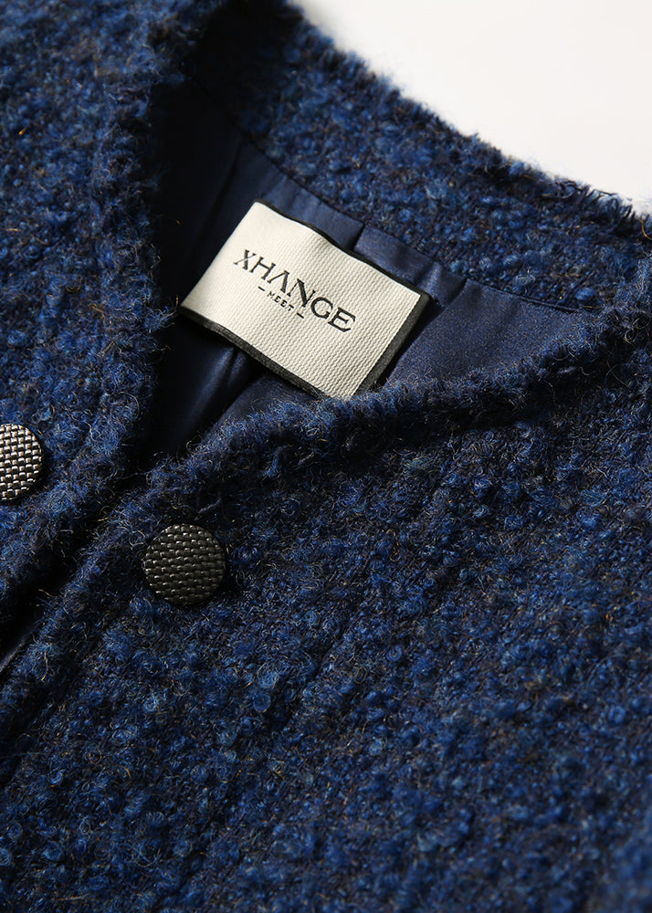 Blue V Neck Button Pockets Ma Hai Mao Coat Long Sleeve