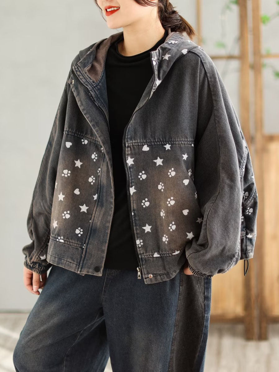 Spring Spliced Denim Hooded Coat