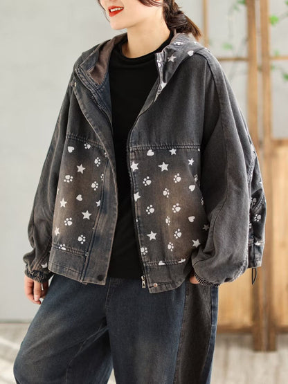 Spring Spliced Denim Hooded Coat