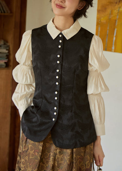 Black O Neck Jacquard Button Silk Vest Sleeveless