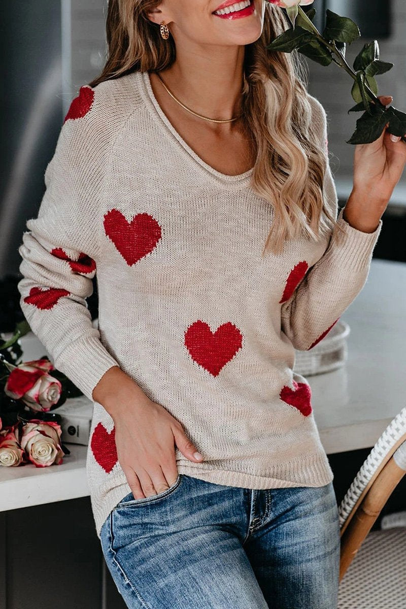Heart Print V-neck Knitted Sweater