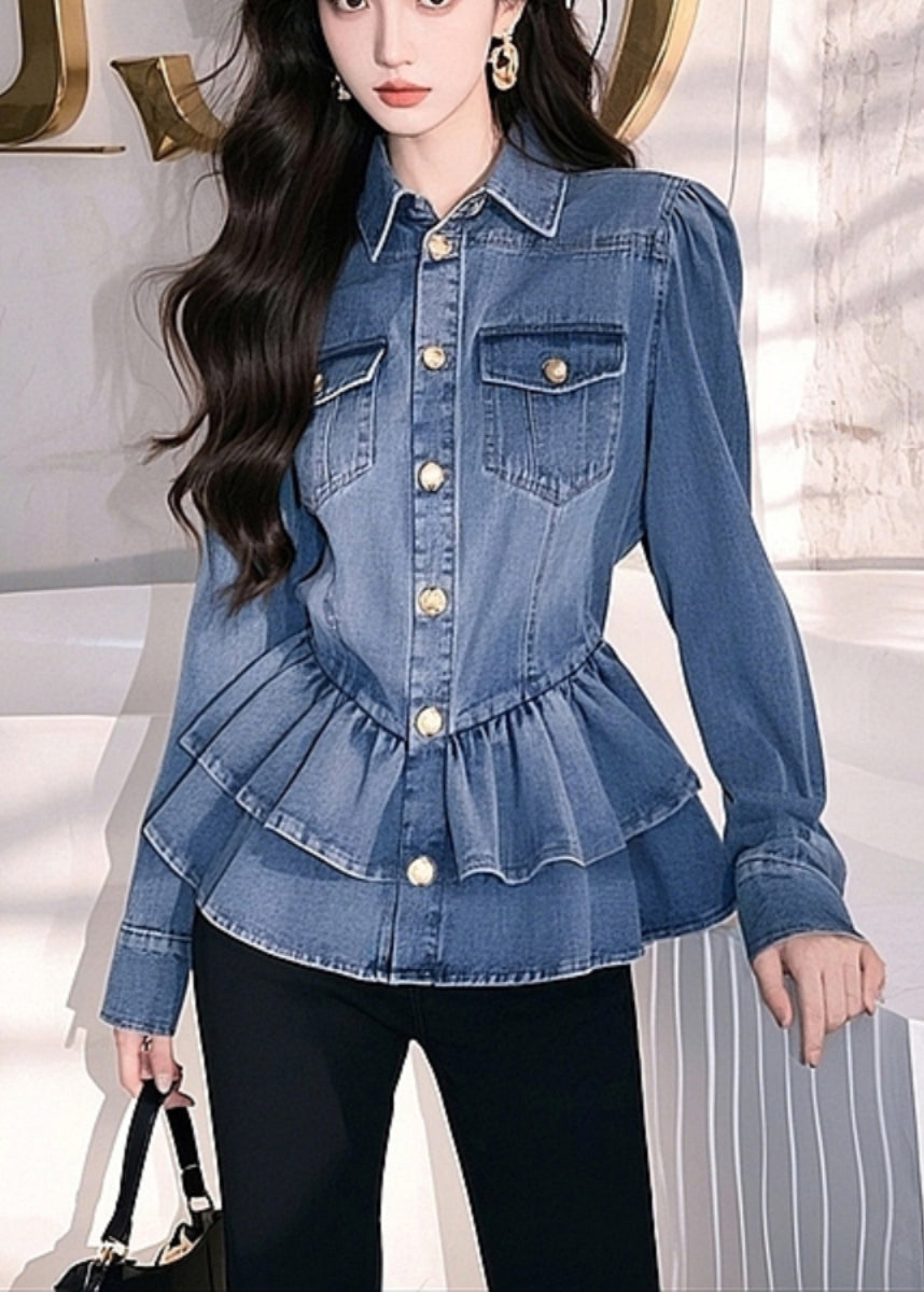 Original Design Blue Peter Pan Collar Button Denim Top Spring