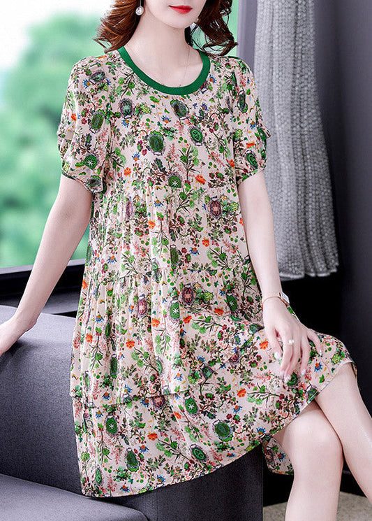 O-neck Print Wrinkled Chiffon Mid Dresses Short Sleeve