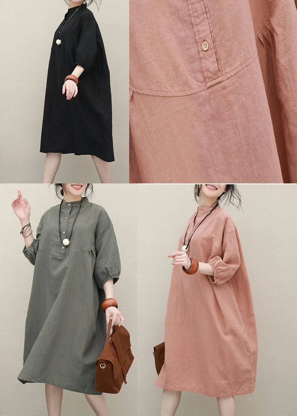 Art Stand Collar Batwing Sleeve Linen Summer Outfit Photography Black Dress