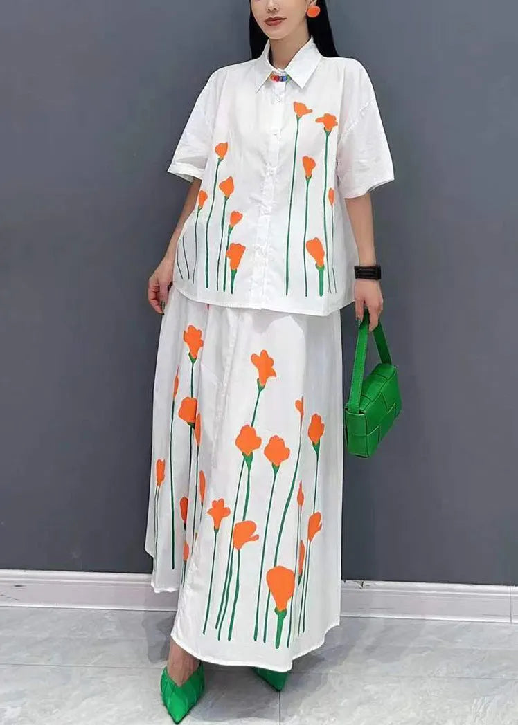 Brief White Peter Pan Collar Button Shirt and Skirts Two Piece Set Short Sleeve