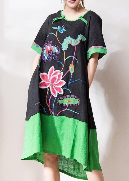 Black Embroidery Linen Dresses O Neck Patchwork Dresses Summer Dress