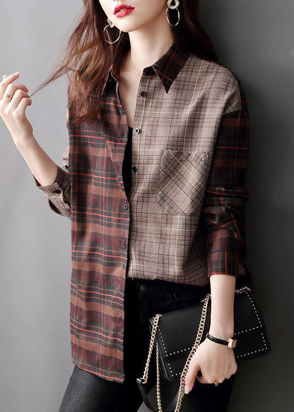 Italian Plaid Peter Pan Collar Button Patchwork Cotton Shirts Fall