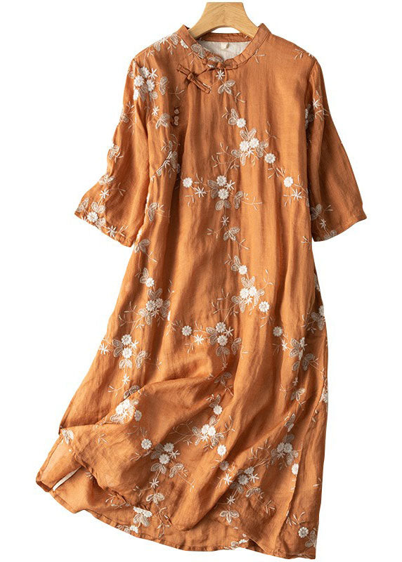 Orange Embroidered Chinese Button Patchwork Linen Dress Summer