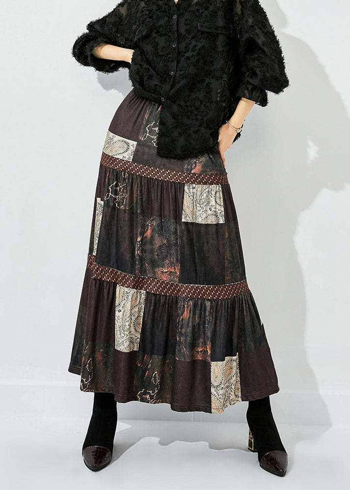 Brown Print Patchwork Wrinkled Silk Skirts Summer