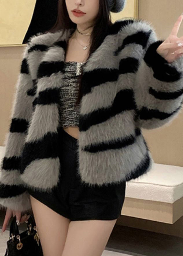 Grey V Neck Striped Fuzzy Fur Fluffy Coat Winter