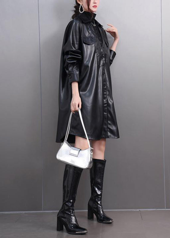 Original Black Peter Pan Collar Pockets Pu Trench Coats Fall