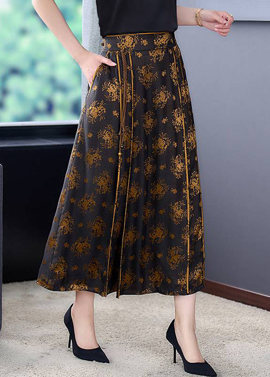Print High Waist Tie Waist Pockets Silk a Line Skirt Fall