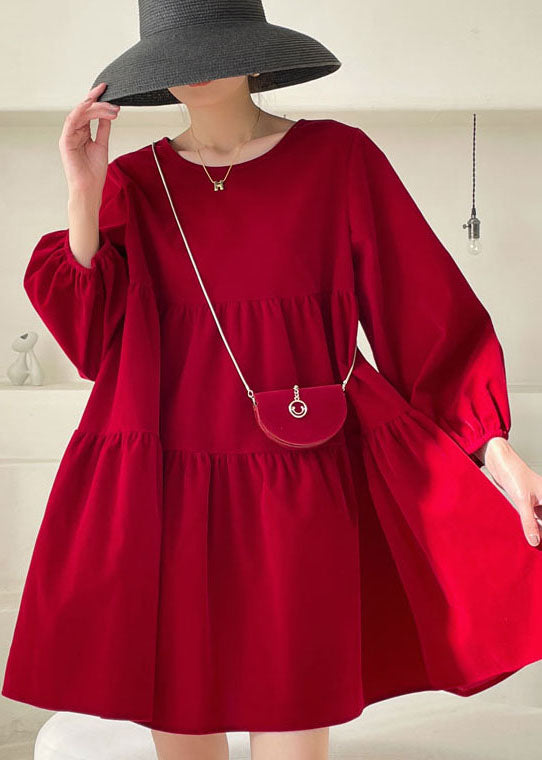 Red Patchwork Velour Mini Dress Puff Sleeve