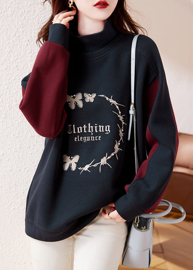 Navy Embroidered Patchwork Warm Fleece Sweatshirt Winter