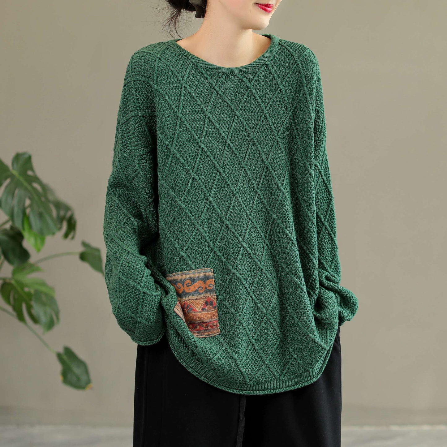 Retro Rhombus Patchwork Cotton Loose Sweater