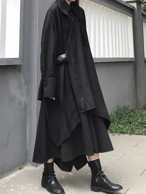 Lapel Asymmetric Cotton for Black a Line Shirt Dresses