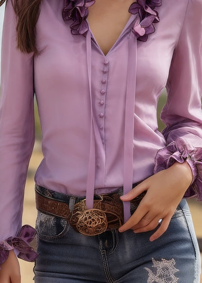 Purple V Neck Tie Lace Silk Top Spring
