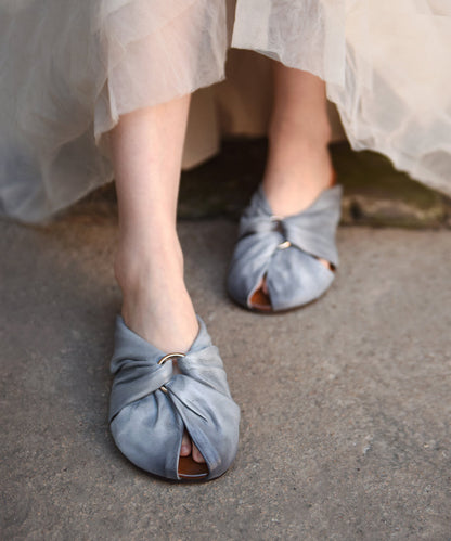 Comfortable Splicing Hollow Out Grey Cowhide Leather Slide Sandals
