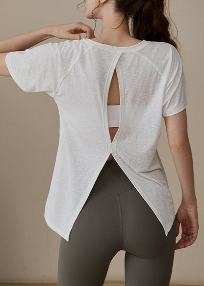 Modern White O-neck Hollow Out Loose Yoga Tops