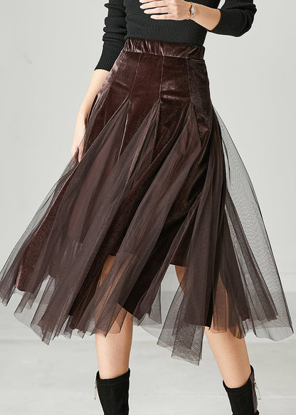 Brown Exra Large Hem Patchwork Tulle Silk Velvet Skirts Spring