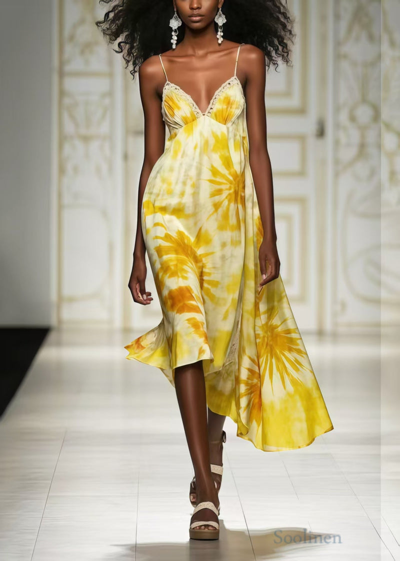 Yellow Print Chiffon Cami Dresses Summer