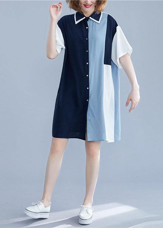 Blue Cotton Clothes Patchwork Summer Shirt Dress