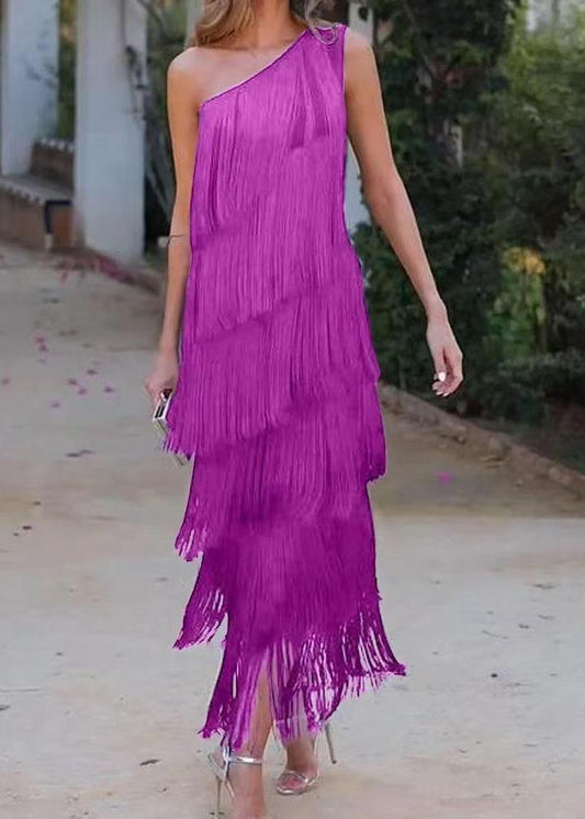 Purple One Shoulder Tasseled Dresses Sleeveless