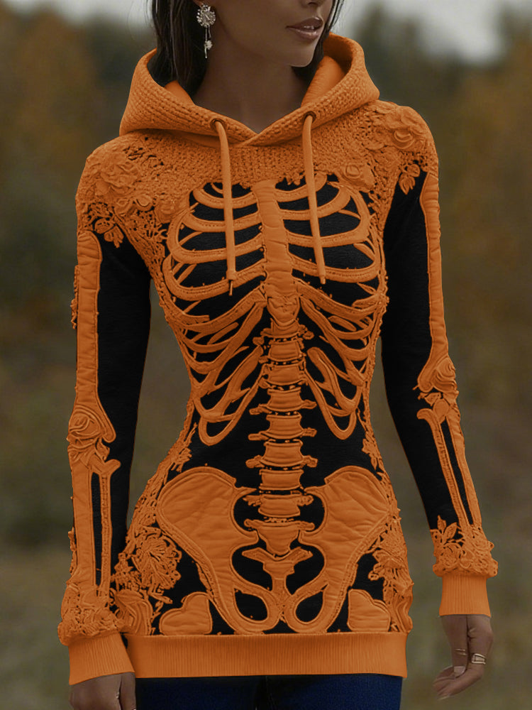 Women's Halloween Skeleton Bones With Roses Art Knitted Warm Hooded Sweater artswardrobe