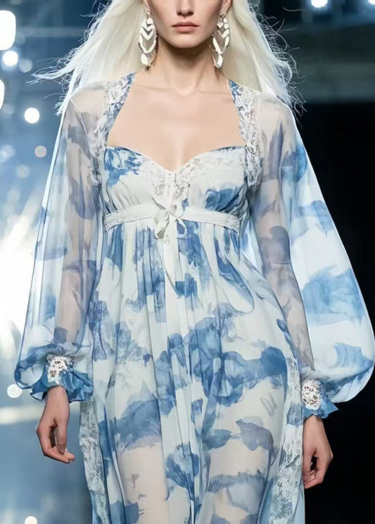 Sky Blue Print Draping Chiffon Vacation Dresses Summer