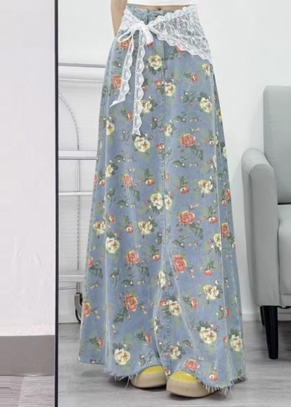 Light Blue Flower Print Denim a Line Skirts Fall