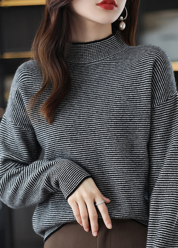 Black Turtleneck Striped Patchwork Woolen Knit Top Long Sleeve