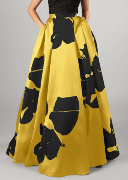 Yellow Elastic Waist Pockets Print Cotton Skirts Summer