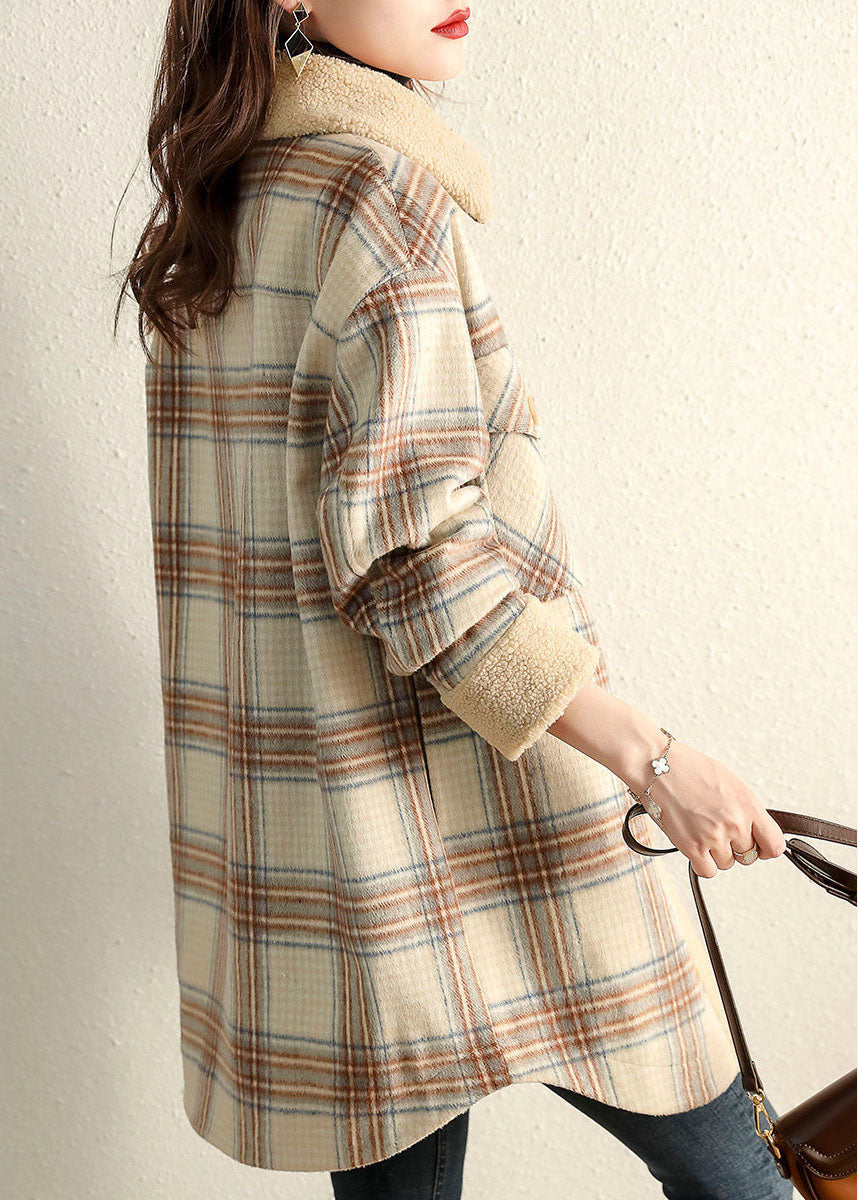 Khaki Peterpan Collar Plaid Winter Fleece Coat