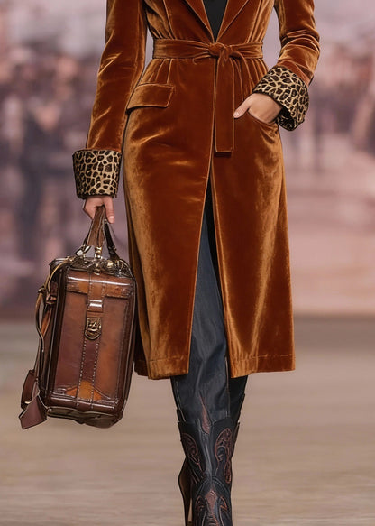 Brown Peter Pan Collar Lace Up Velvet Coat Spring