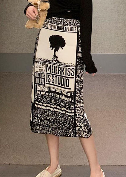 Organic Black Print Knit Side Open Skirt Spring