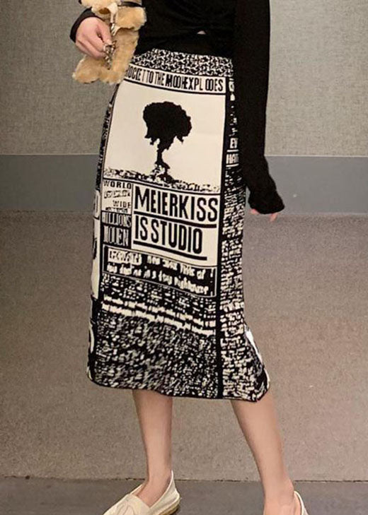 Organic Black Print Knit Side Open Skirt Spring