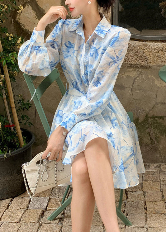 Blue Peter Pan Collar Print Tie Waist Cotton Blouses Dress Fall