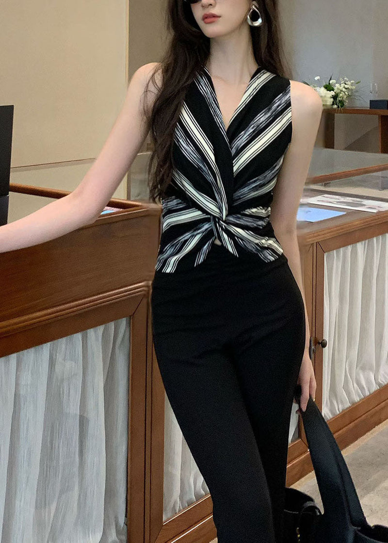 Black Asymmetrical Striped Cotton Halter Tops Summer