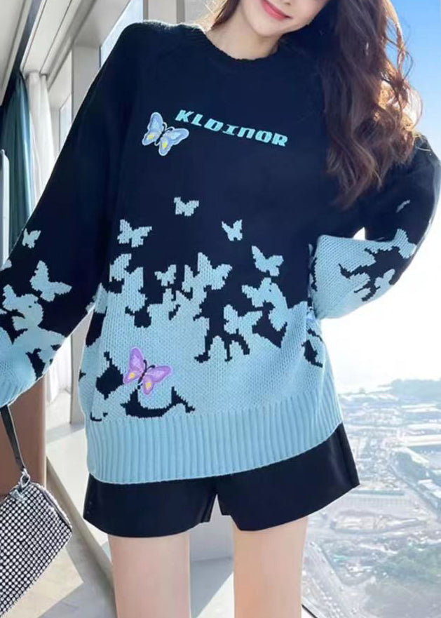 Sky Blue Embroidered Patchwork Cotton Knit Sweaters Long Sleeve
