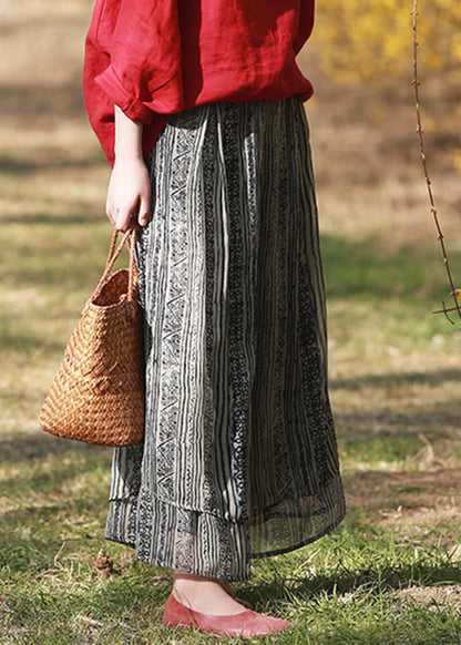 Blackish Blue Elastic Waist Silk Wide Leg Pants Skirt Summer