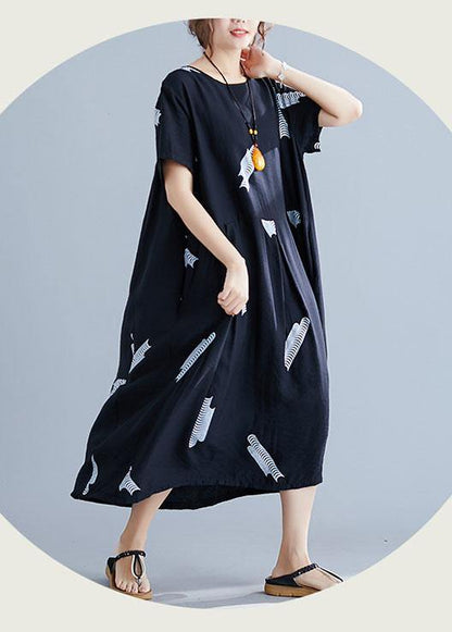 Black Prints Cotton Linen Robes Loose Waist Clothing Summer Dresses