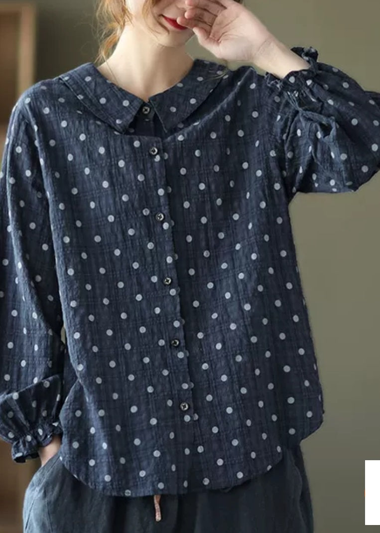Navy Button Peter Pan Collar Dot Print Shirt Top Lantern Sleeve